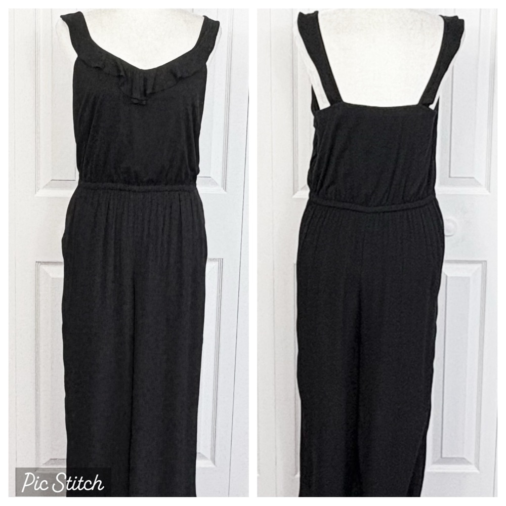 NWT Loft Black Sleeveless Ruffle Trim Mixed Media Knit Jumpsuit MP